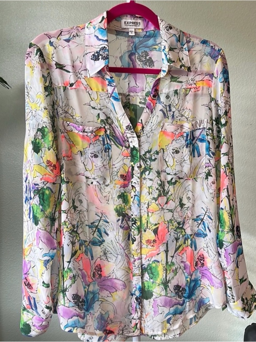 Express Women's Floral Watercolor Button-Up Shirt - Portofino